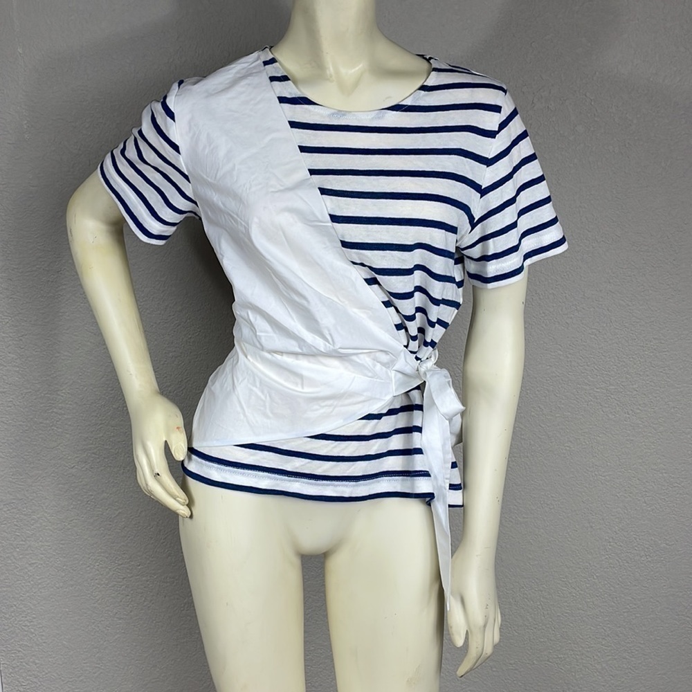 Sea New York Nautical Stripe Wrap Tie Waist Top T Shirt Navy White Sz S